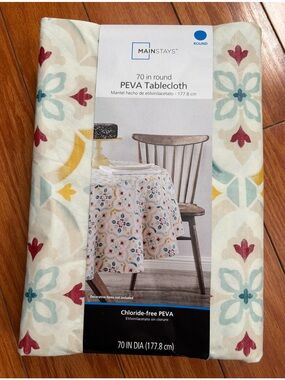 Mainstays Round PEVA Tablecloth in Cream, Teal & Red Accents